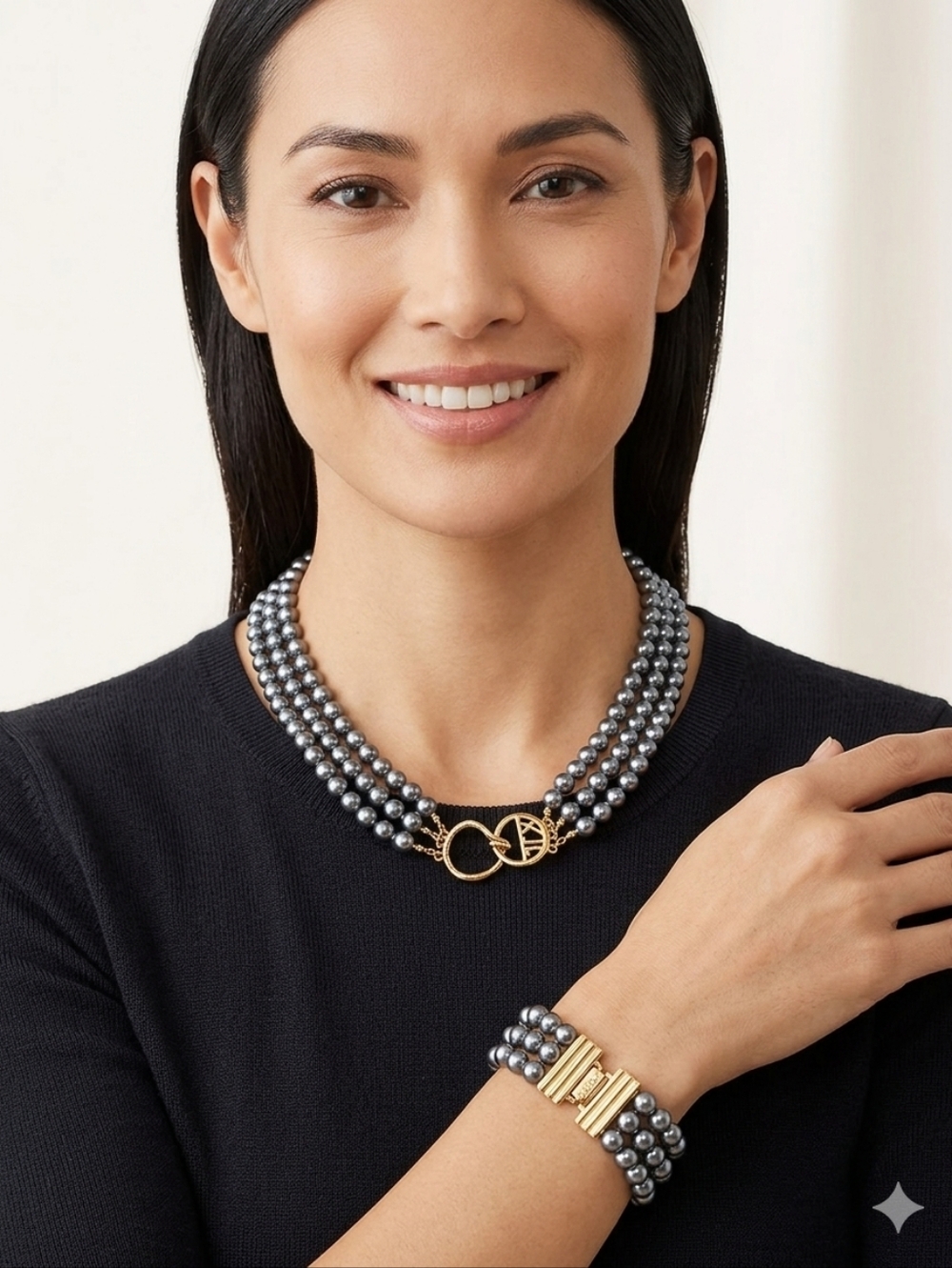 Multi-Strand Gray Pearl Necklace & Bracelet Demi Parure with Gold Toggle Closure